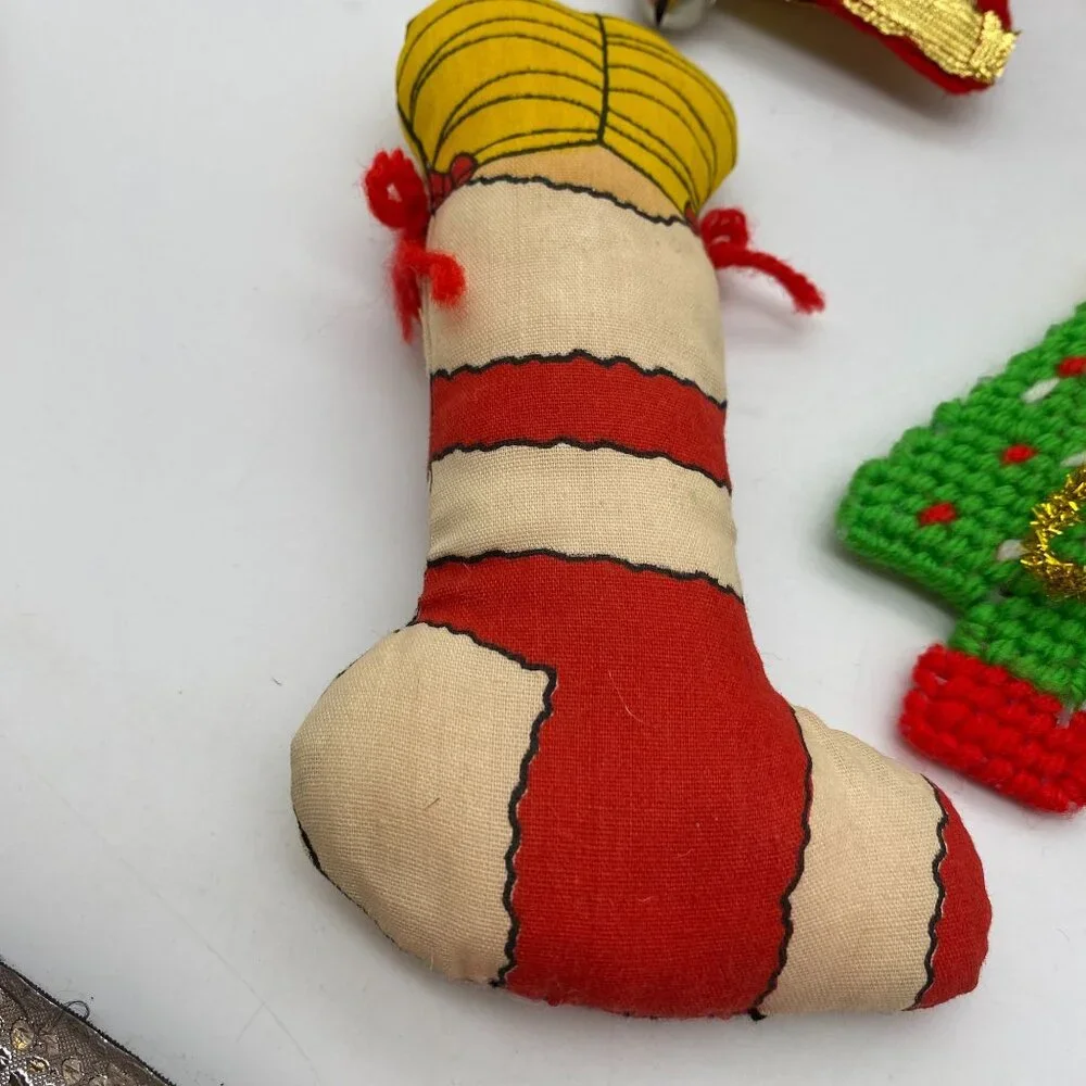 Vintage‎ Christmas handmade ornament lot felt cross stitch metal hand sewn